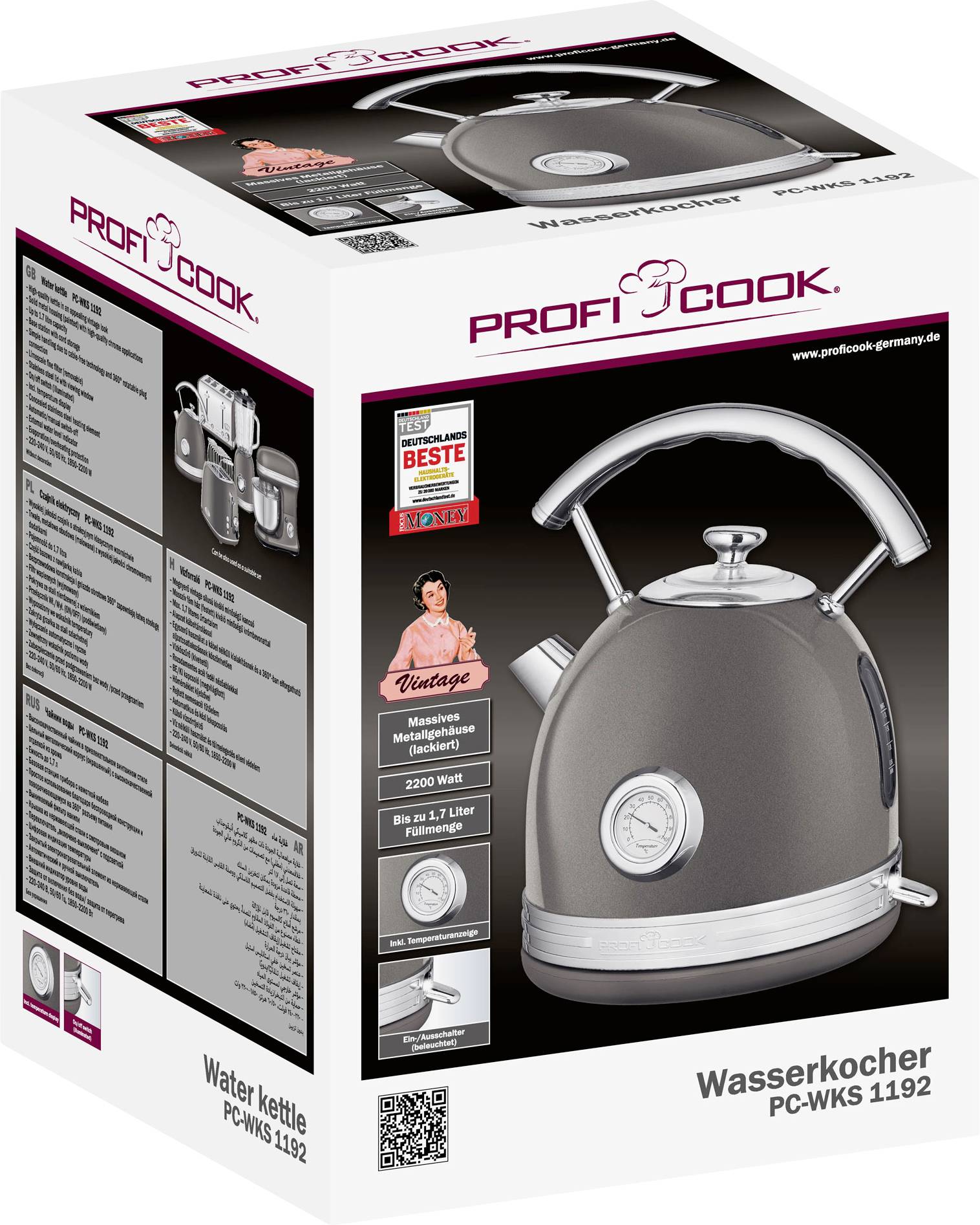 Packaging for a Profi Cook Electric Kettle, Model PC-WKS 1192. Displays product images, specifications, and awards.