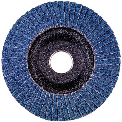 Round blue abrasive flap disc with a central hole, shown front-on against a white background.