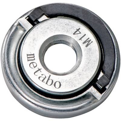 Close-up of a Metabo M14 metal grinding disc flange nut with central hole on a white background.