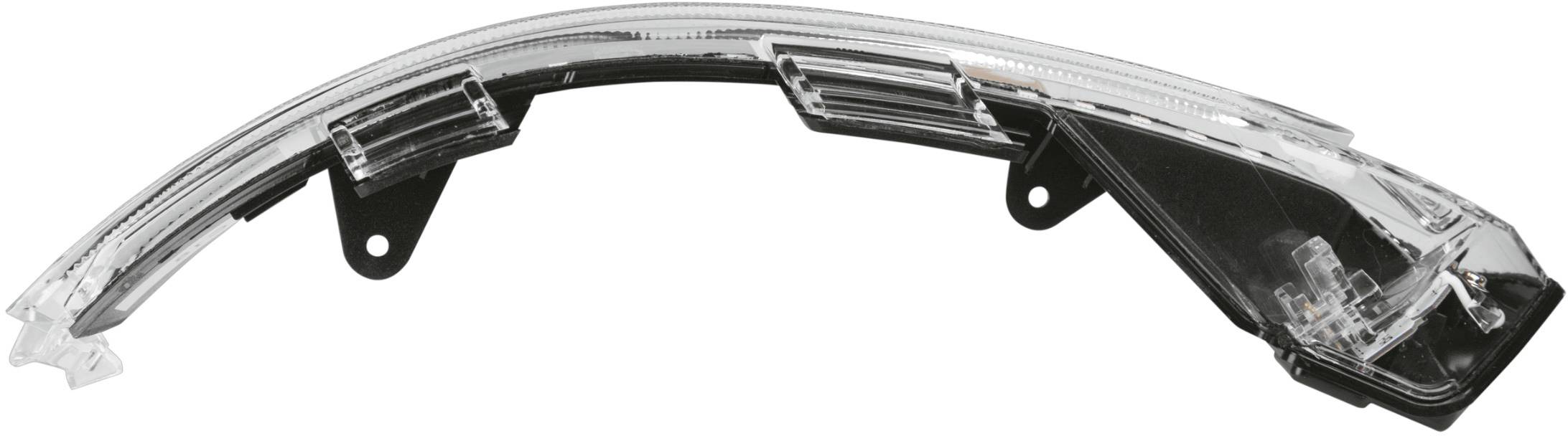 A transparent, curved piece of plastic, likely a vehicle side mirror indicator. It displays no brand or other identifying characteristics.