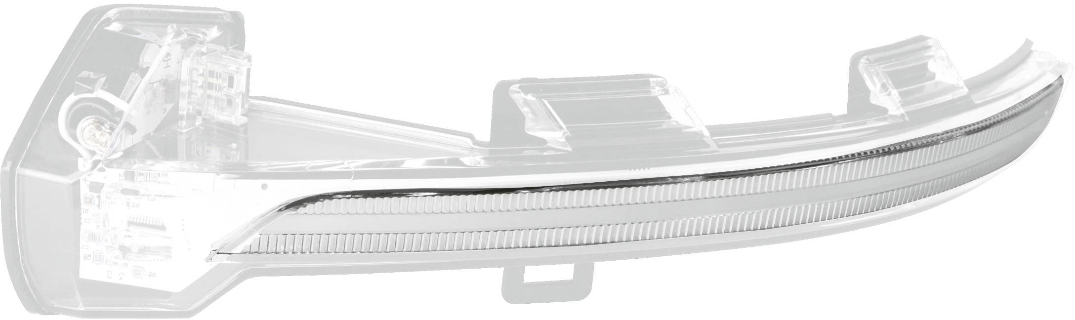 A transparent, curved automotive component, likely an indicator, with integrated light beams for directional signalling.