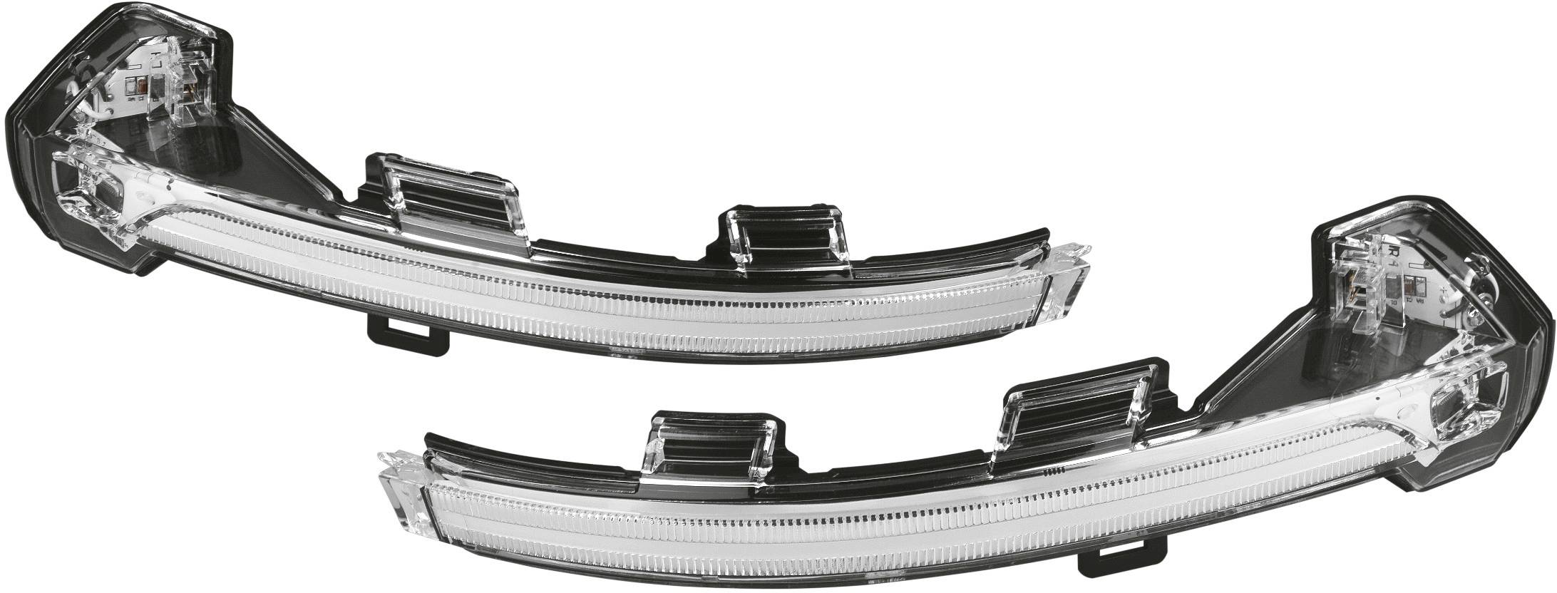 Two LED indicators for a vehicle, in a curved design, transparent housing with black details.