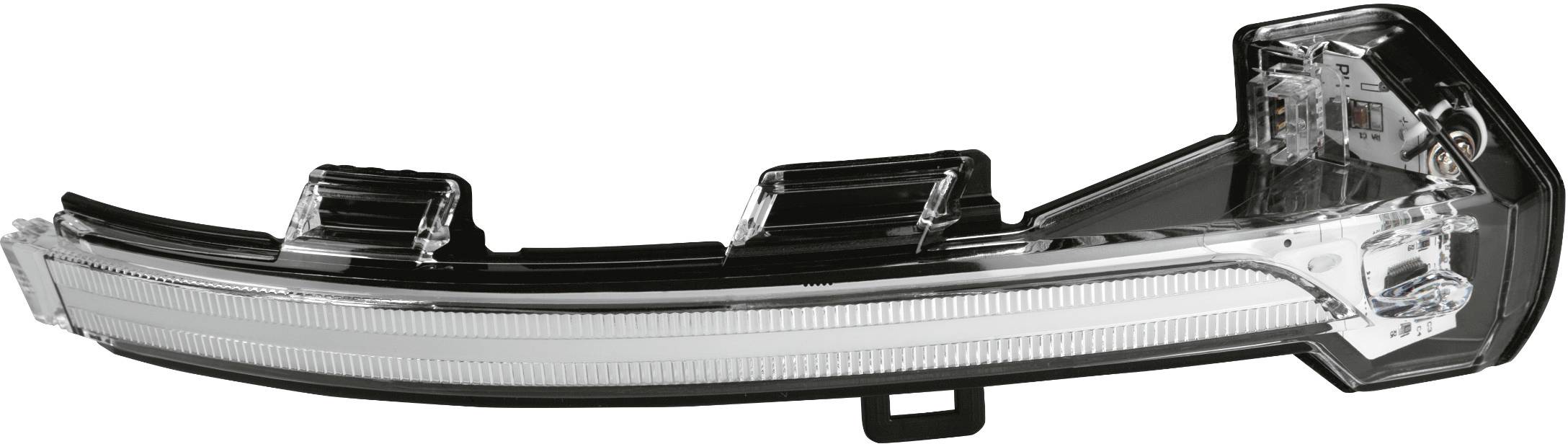 A wing mirror indicator of a vehicle, curved design, transparent housing with integrated LED lights, demonstrates technological advancement.