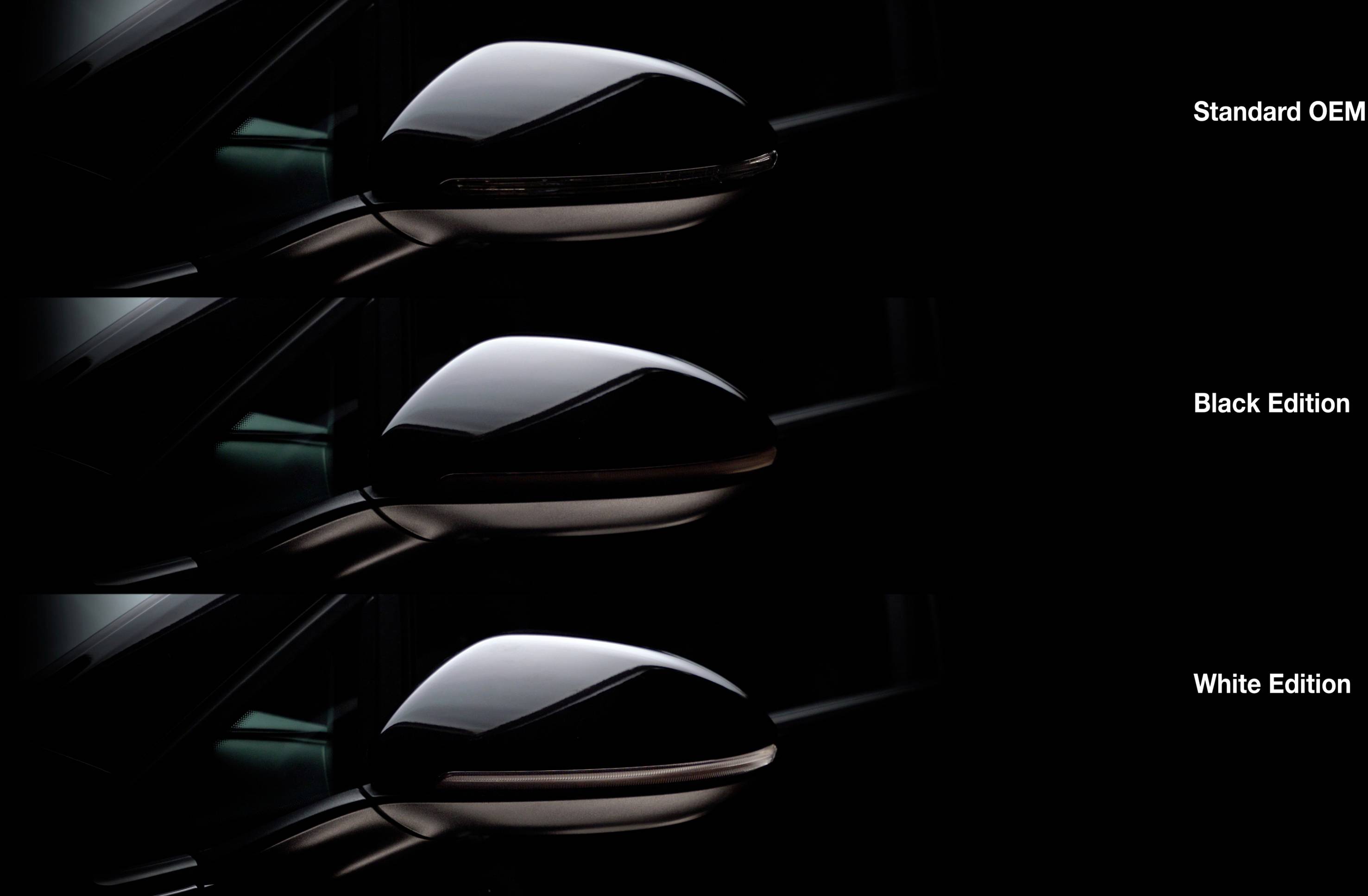 Three car mirror variants: 'Standard OEM', 'Black Edition' and 'White Edition' showcasing different colour designs.