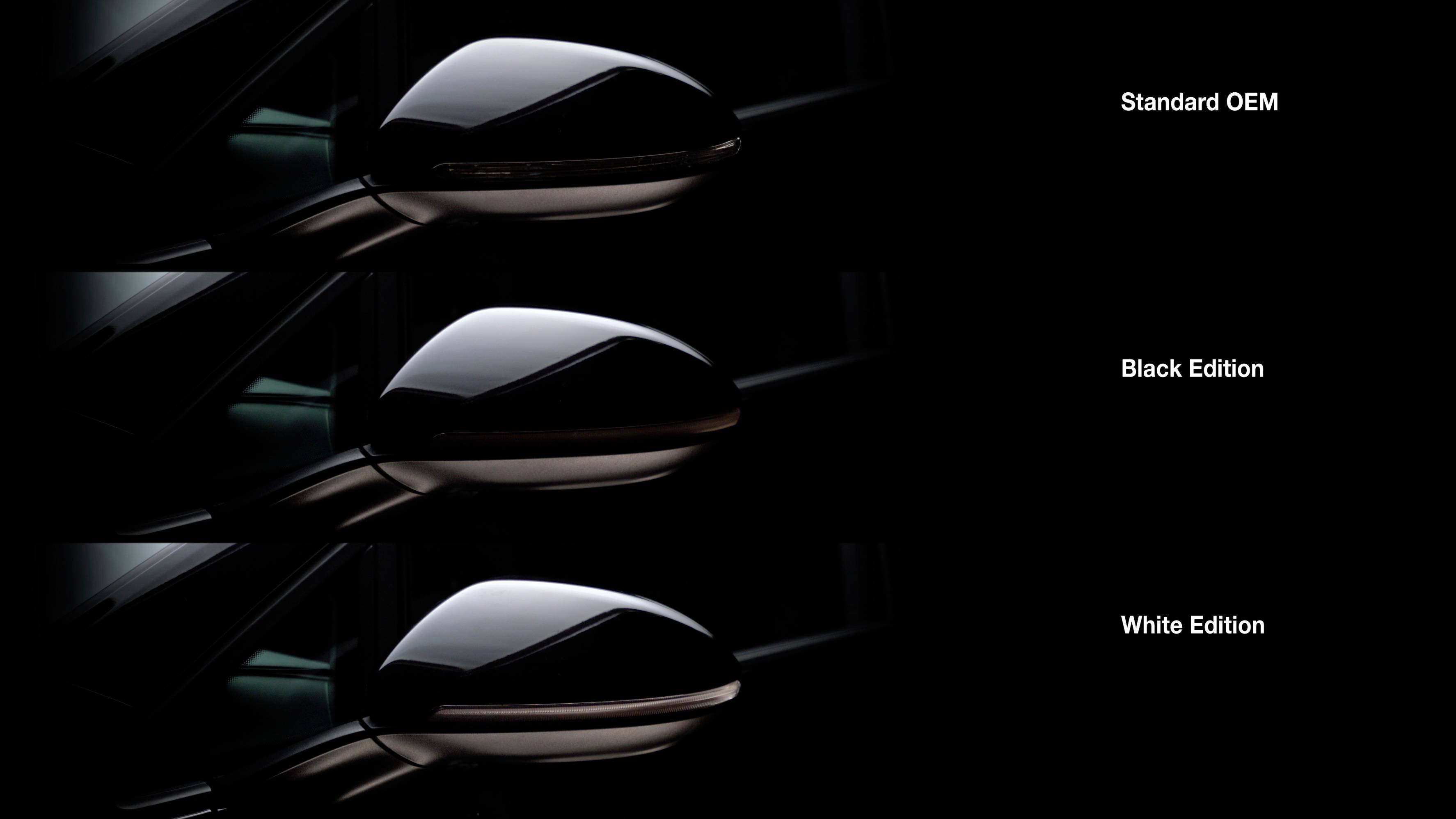Three Car Mirrors Compared: Top 'Standard OEM', Middle 'Black Edition', Bottom 'White Edition'. All in black.