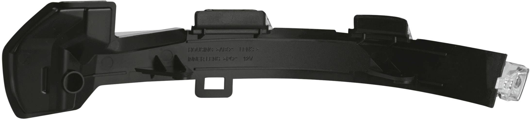 Black, curved plastic component with multiple mounting points and a transparent end, potentially part of a vehicle.