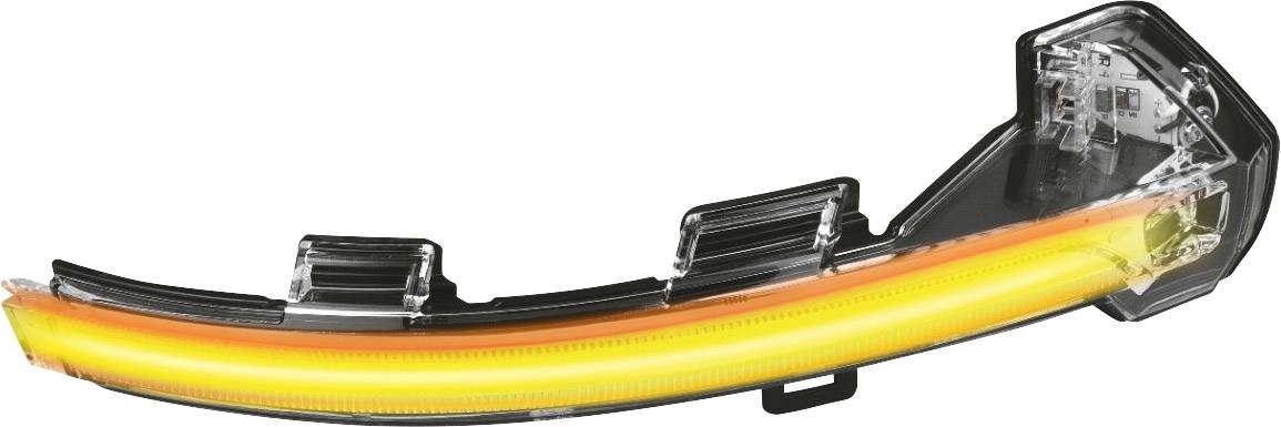 A curved, transparent car component with a yellow, illuminated strip, likely a indicator or rear light of a vehicle.
