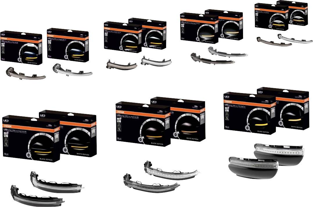 'Various black automotive packaging with silver and black side mirror indicators. Each package displays the product image.'