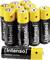 Eleven yellow AA batteries by the brand Intenso, standing upright, with one lying in front.