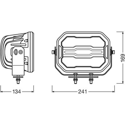 Technical Drawing of a Rectangular Headlamp with Dimensions: Width 241 mm, Height 169 mm, Depth 134 mm, including Mounting Bracket.