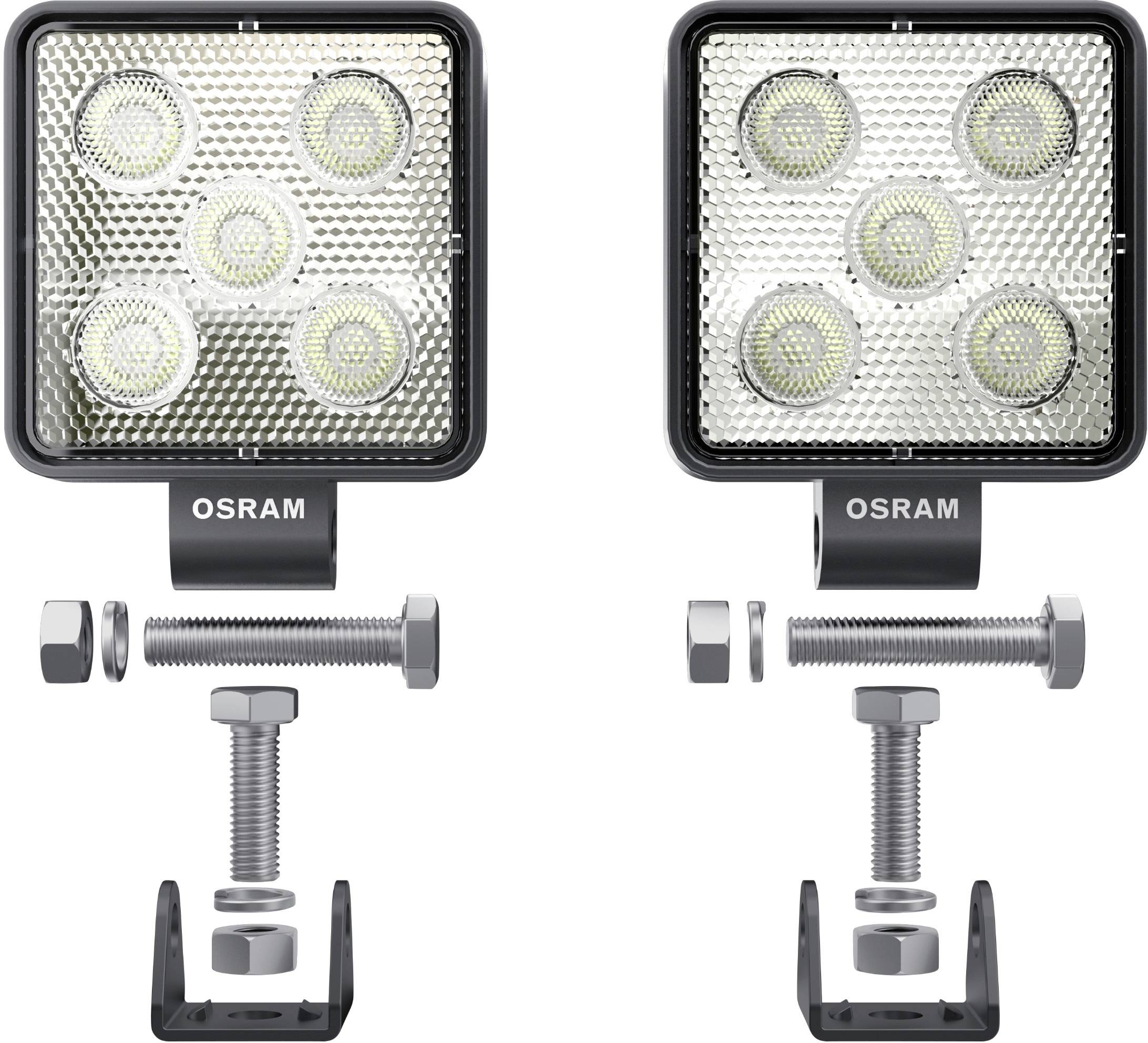 'Two square LED headlamps, each with five lenses, mountable with screws and brackets, marked with OSRAM.'