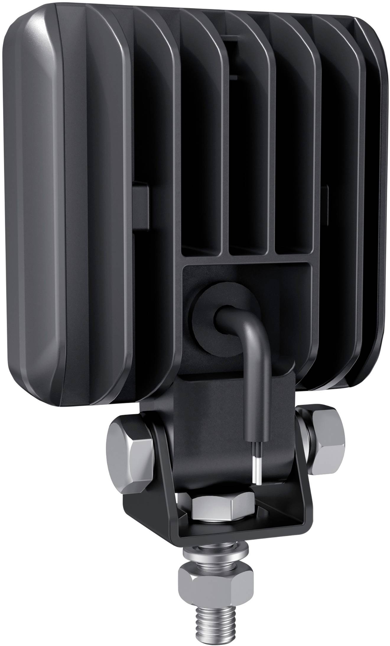 Black LED work light with cooling fins and adjustment screw, suitable for commercial vehicles; demonstrates robust construction.