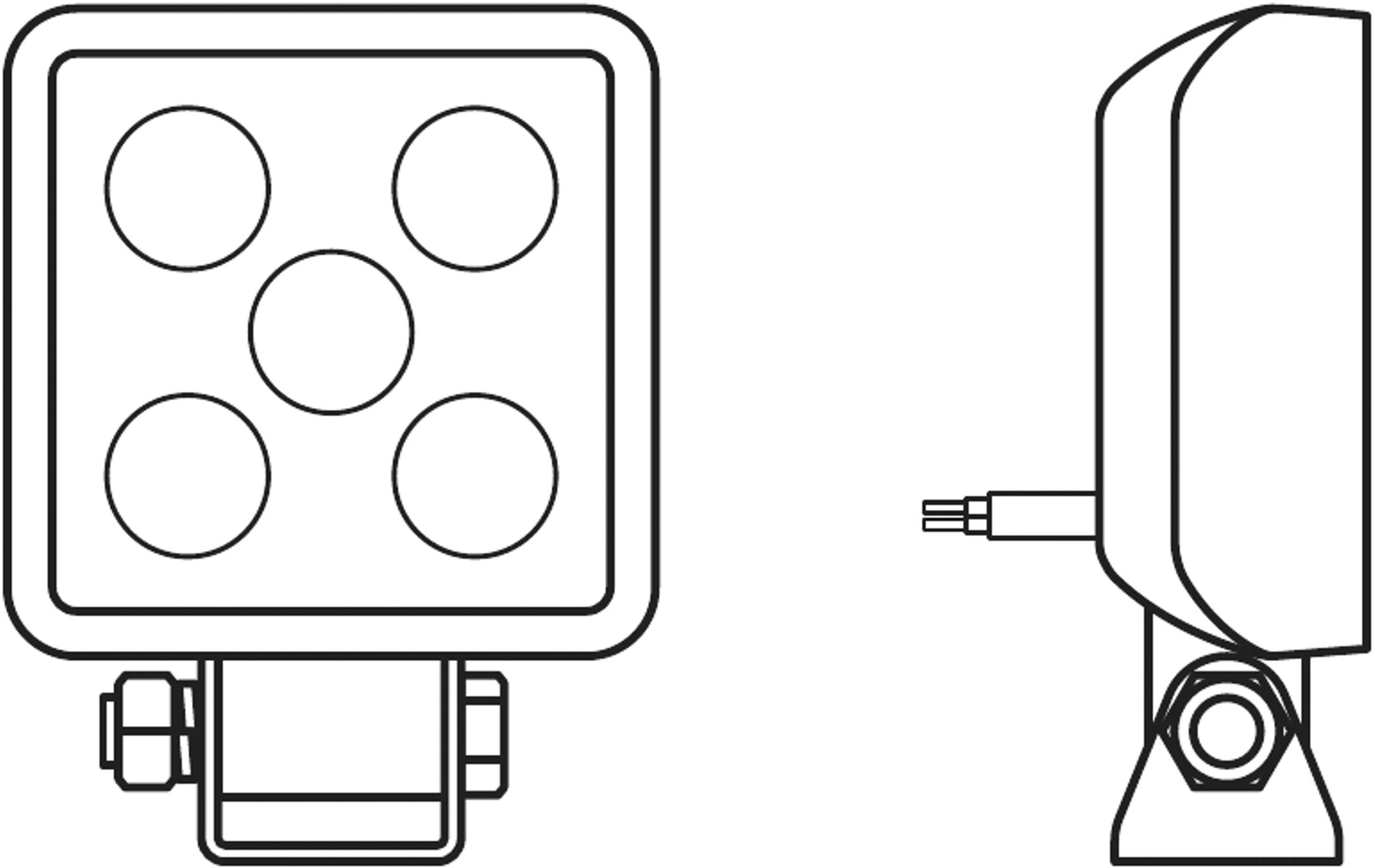 Diagram of a square LED floodlight, front and side view. The front view shows five round LEDs.