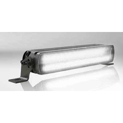 A rectangular LED light with a black mounting, horizontally installed. It shines brightly in a modern room.
