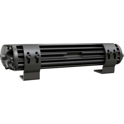 A black tube heater with multiple parallel-running fins, supported by two mounting brackets.