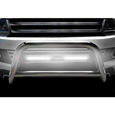 Front view of a car with a gleaming bumper and illuminated LED daytime running lights.