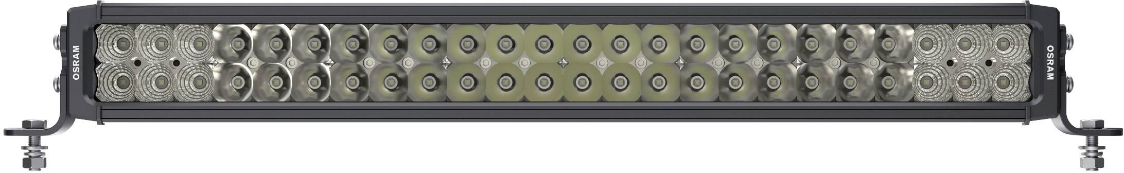 LED light bar with multiple round light sources in a rectangular housing, mountable for use in darkness or outdoor activities.