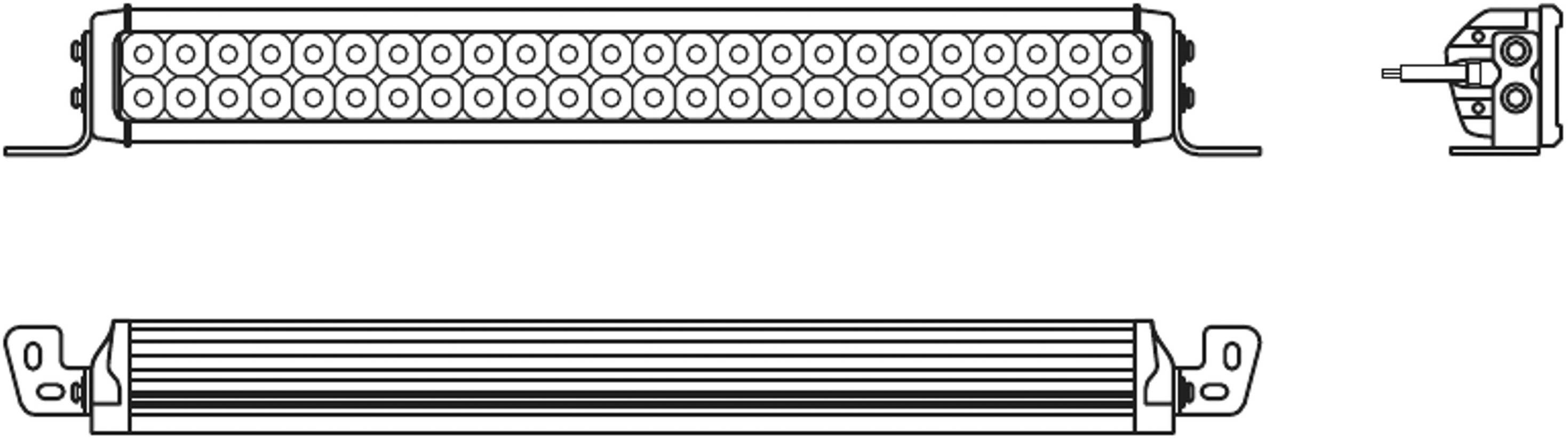 Technical drawing of a rectangular LED light bar with 36 round LEDs, mounting elements, and side view.