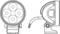 Technical drawing of a circular LED light with five diodes, front and side view. Cables and mounting elements visible.