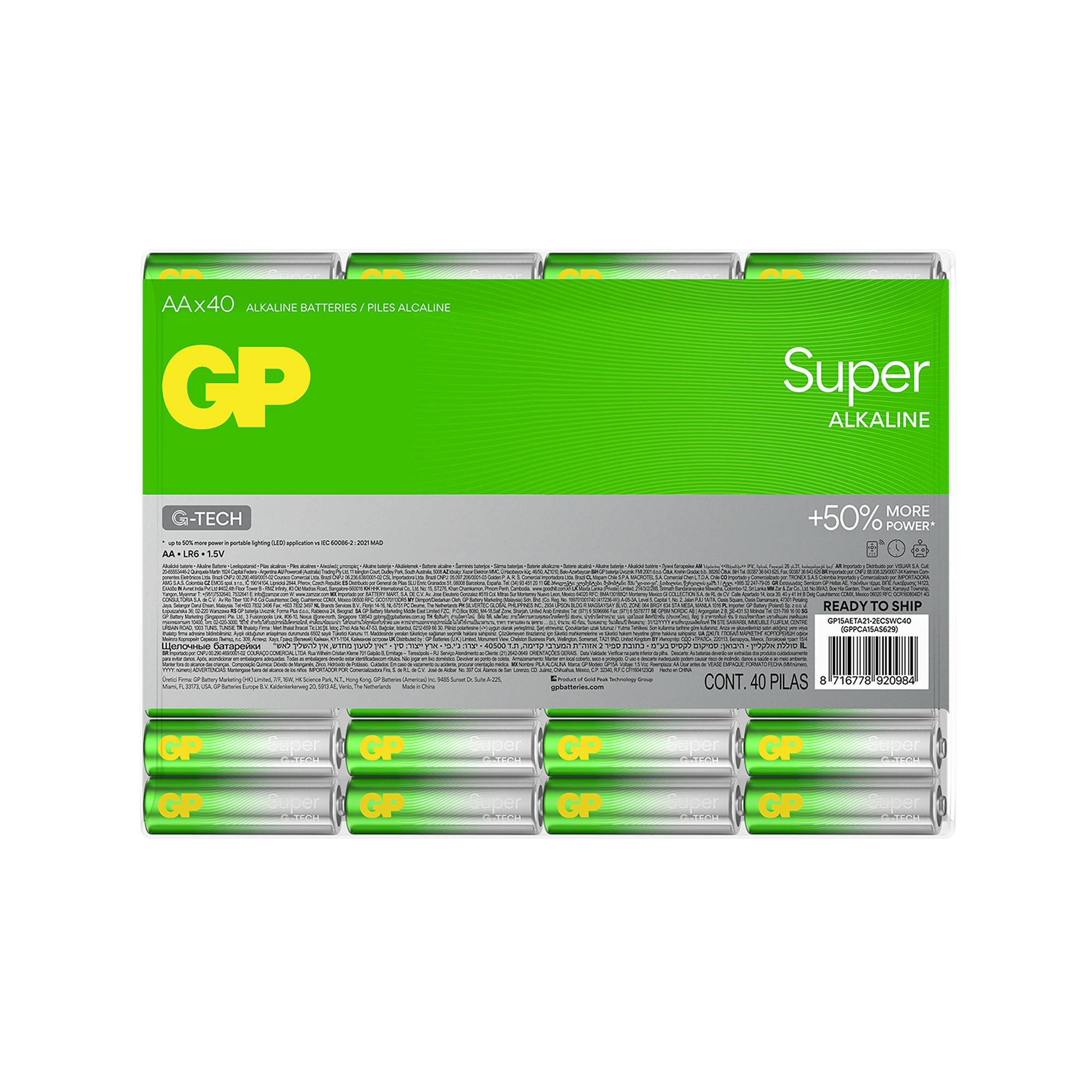 'GP Super Alkaline Batteries, AA x 40, G-TECH. 50% more power.' Battery pack with 40 AA alkaline batteries.