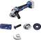 Bosch angle grinder with accessories including protective guard, handle, and clamping nut. Packaging displays the product and brand details.