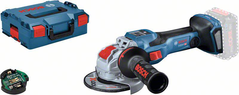 A blue Bosch angle grinder with a red logo and black handle, a case to its right and a small circular component on the bottom left.