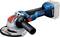 A blue, cordless angle grinder by Bosch with X-Lock system and a removable disc. Device shows an ergonomic handle.