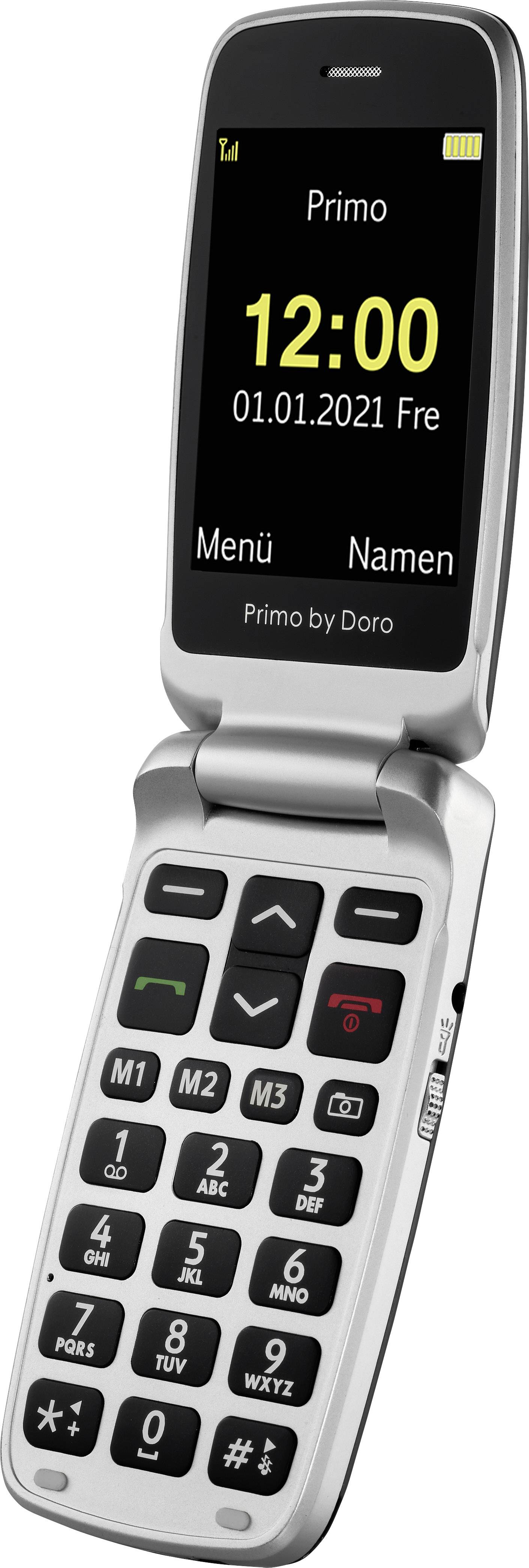 Flip mobile phone with large buttons and clear display. Shows time '12:00', date '01/01/2021'. Designed for easy operation.