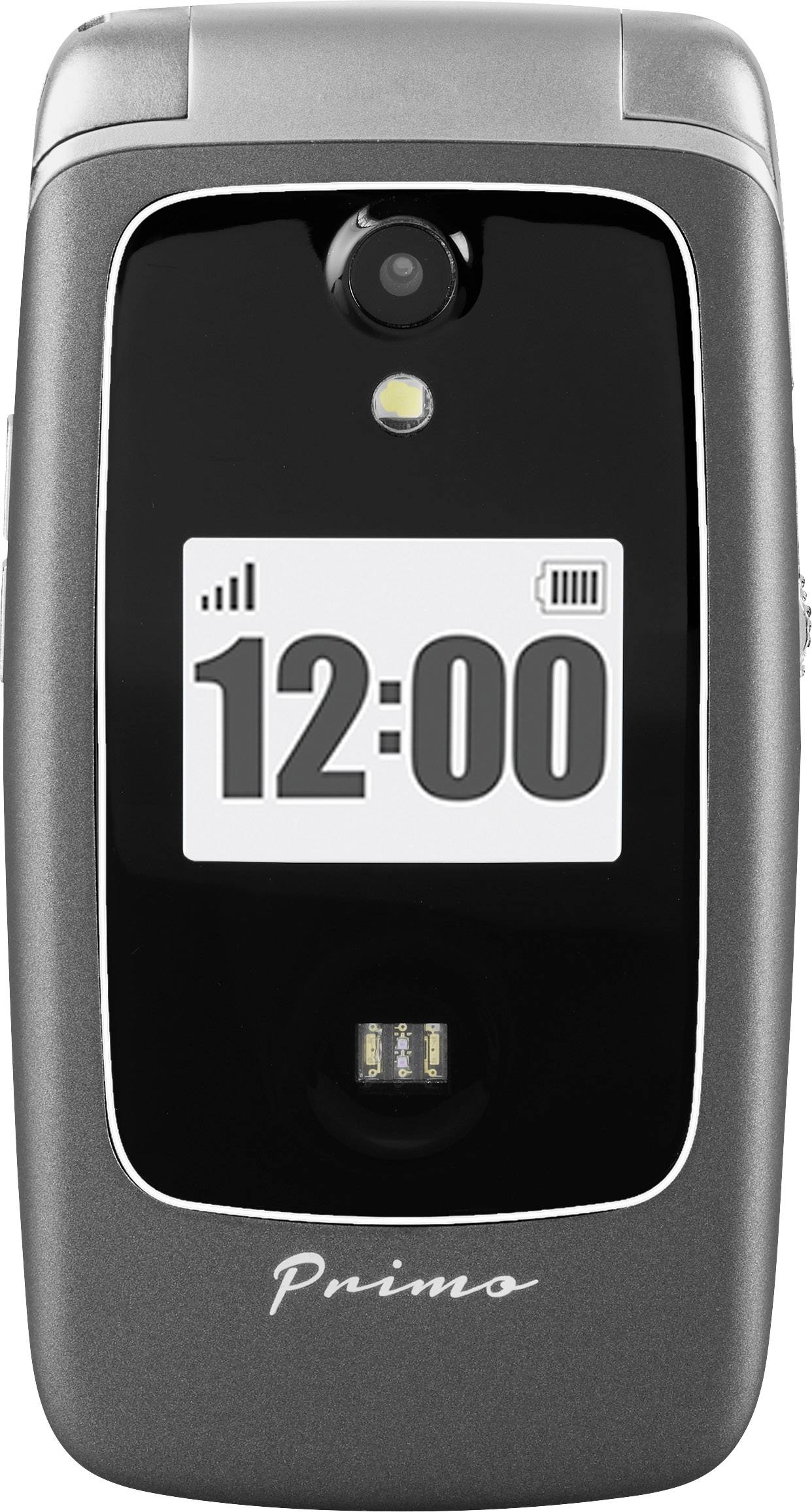 A flip phone with a small external display showing the time '12:00'. A camera is located at the top.