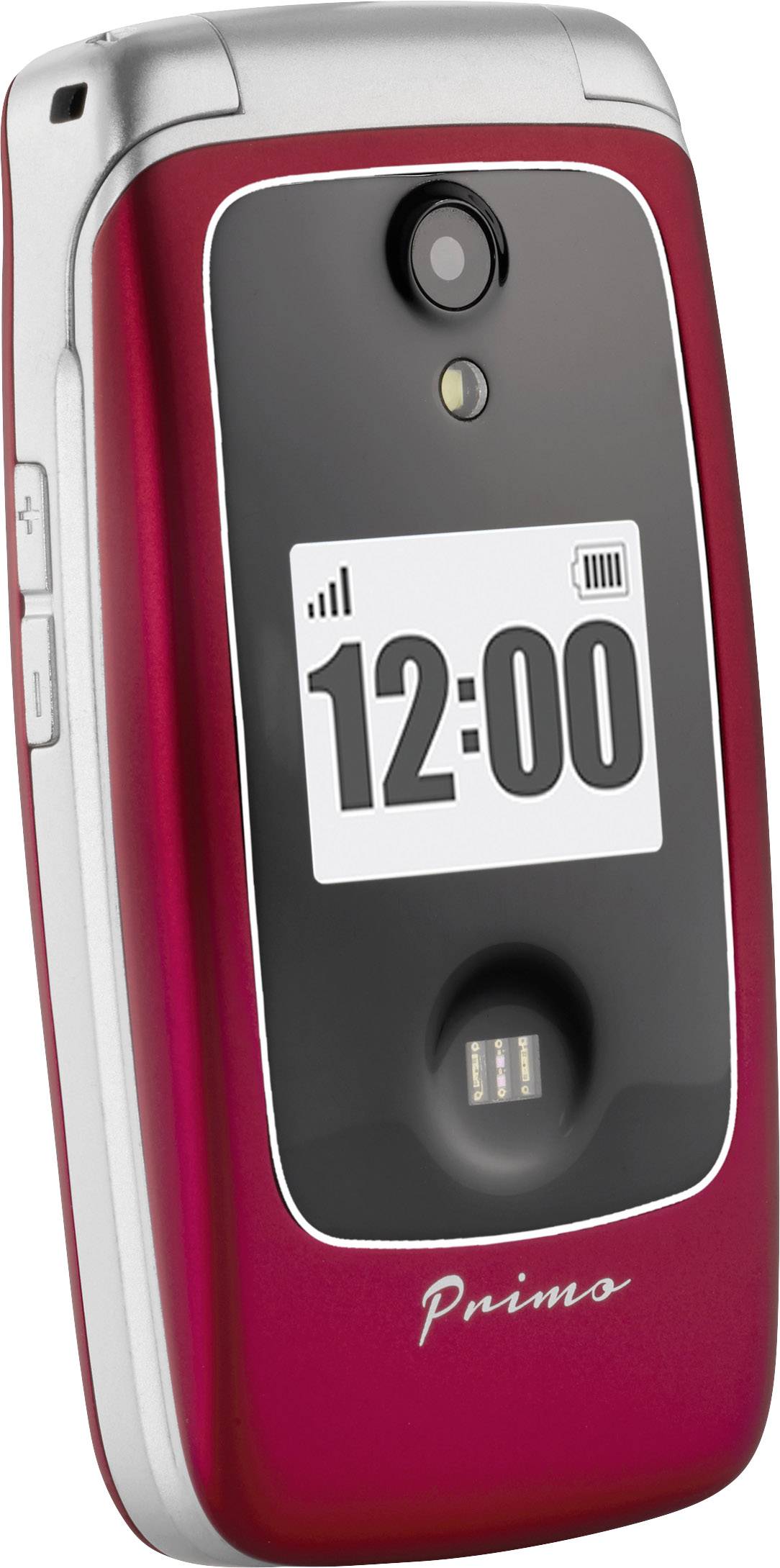 Red flip mobile phone with a black display showing '12:00'. Camera and flash light at the top. Label at the bottom reads 'Primo'.