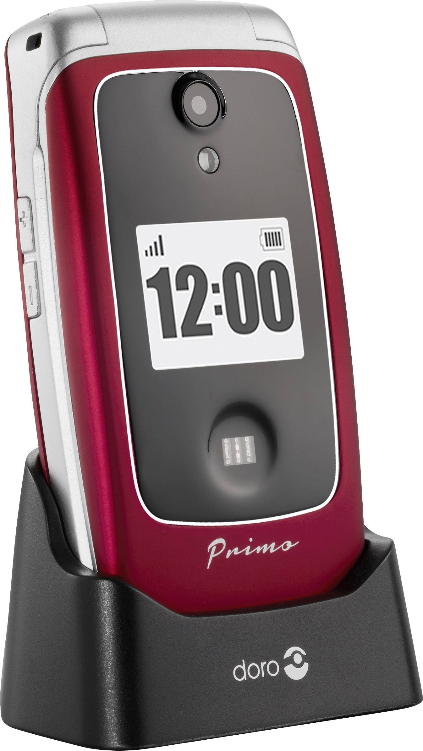 Mobile phone in a charging dock. The display shows the time '12:00'. The phone is red and black.