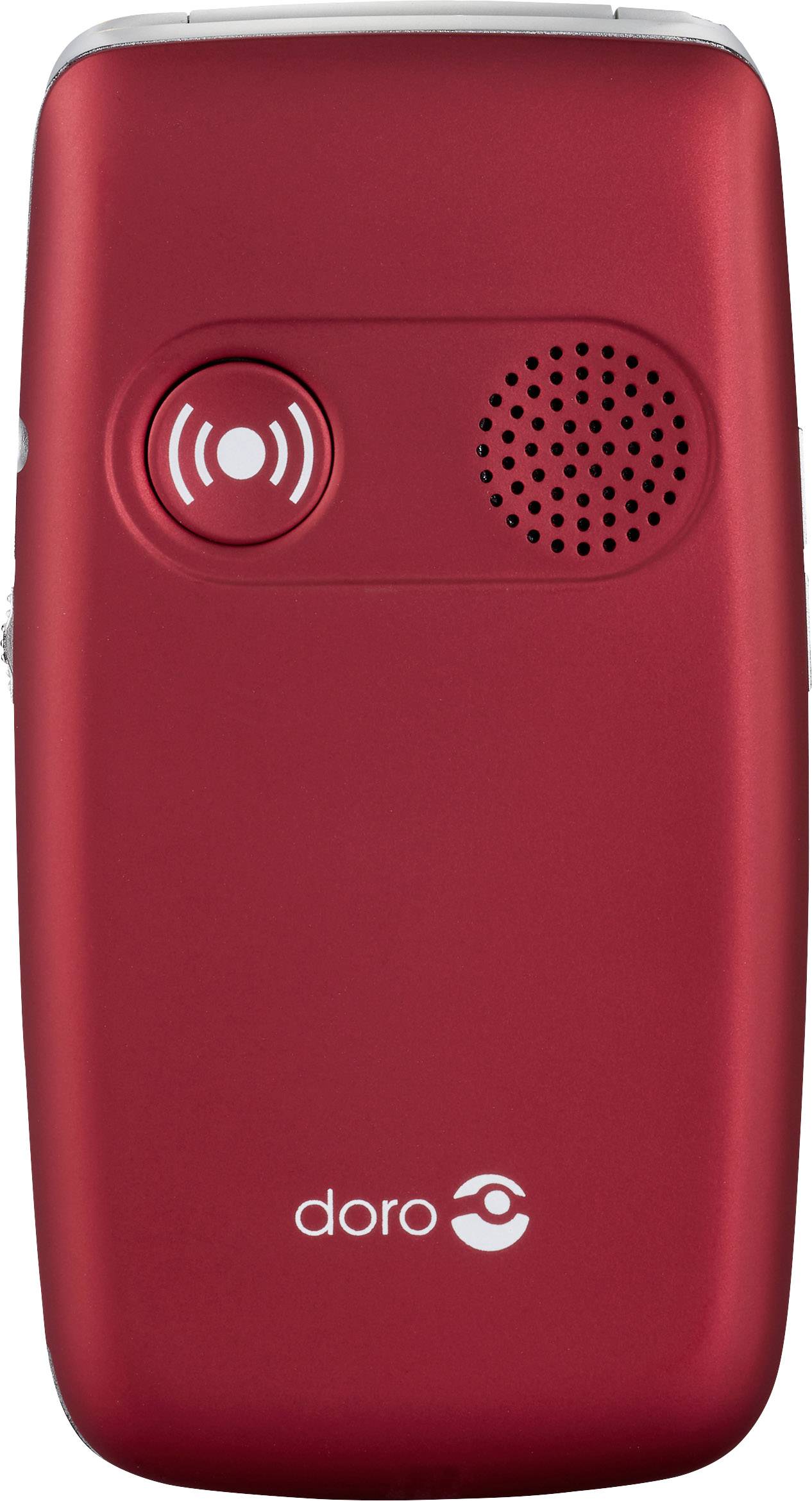 Red flip mobile phone with emergency call button and speaker on the back, 'doro' logo at the bottom. Suitable for simple communication.