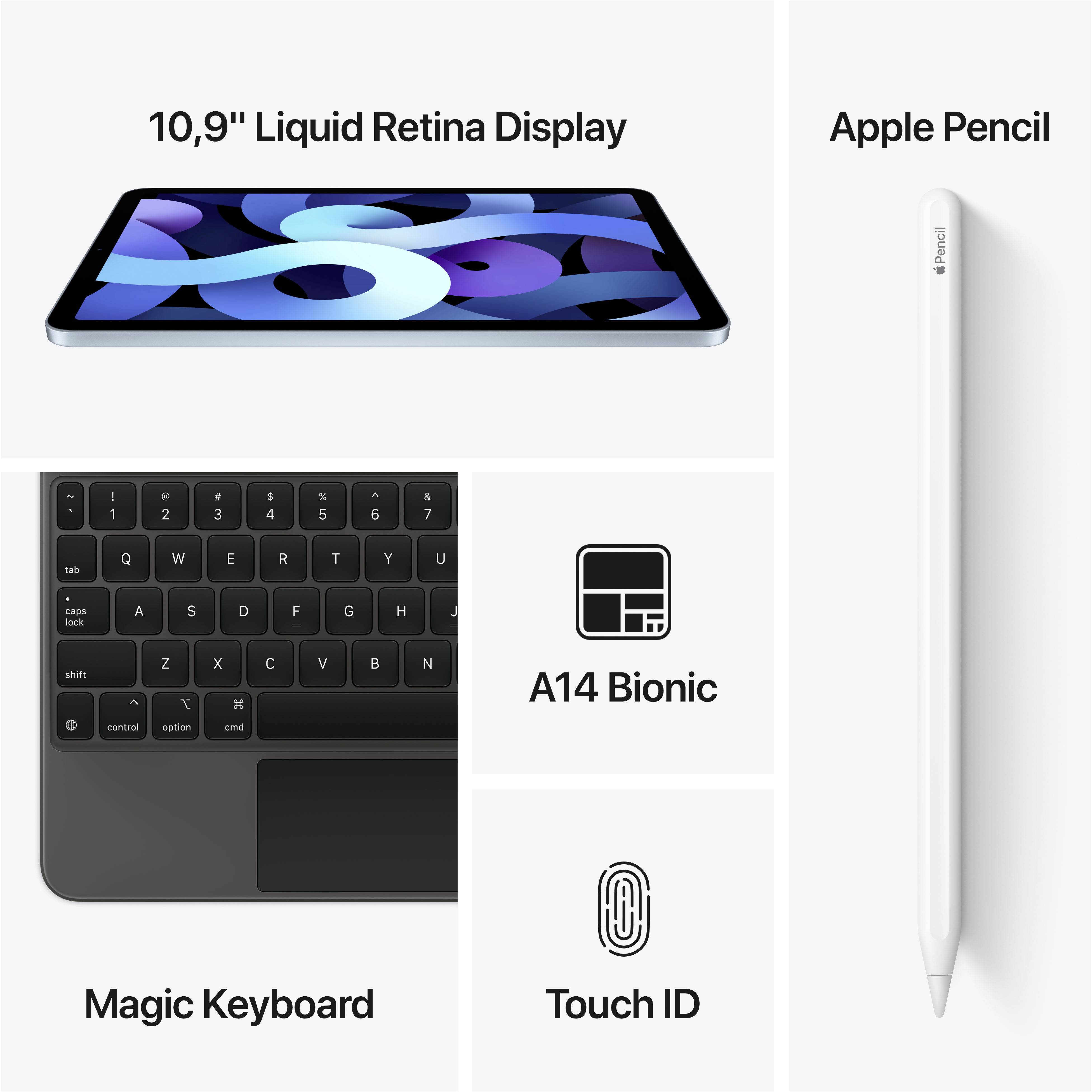 The image shows a tablet with a '10.9" Liquid Retina Display', A14 Bionic Chip, Touch ID, Magic Keyboard and Apple Pencil.
