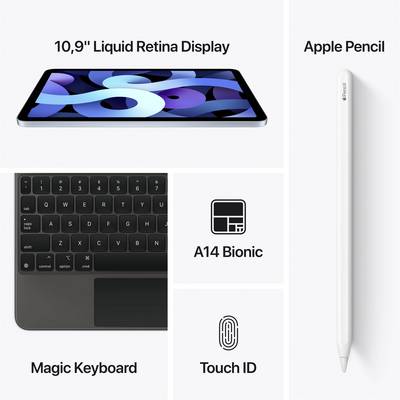 The image shows a tablet with a '10.9" Liquid Retina Display', A14 Bionic Chip, Touch ID, Magic Keyboard and Apple Pencil.
