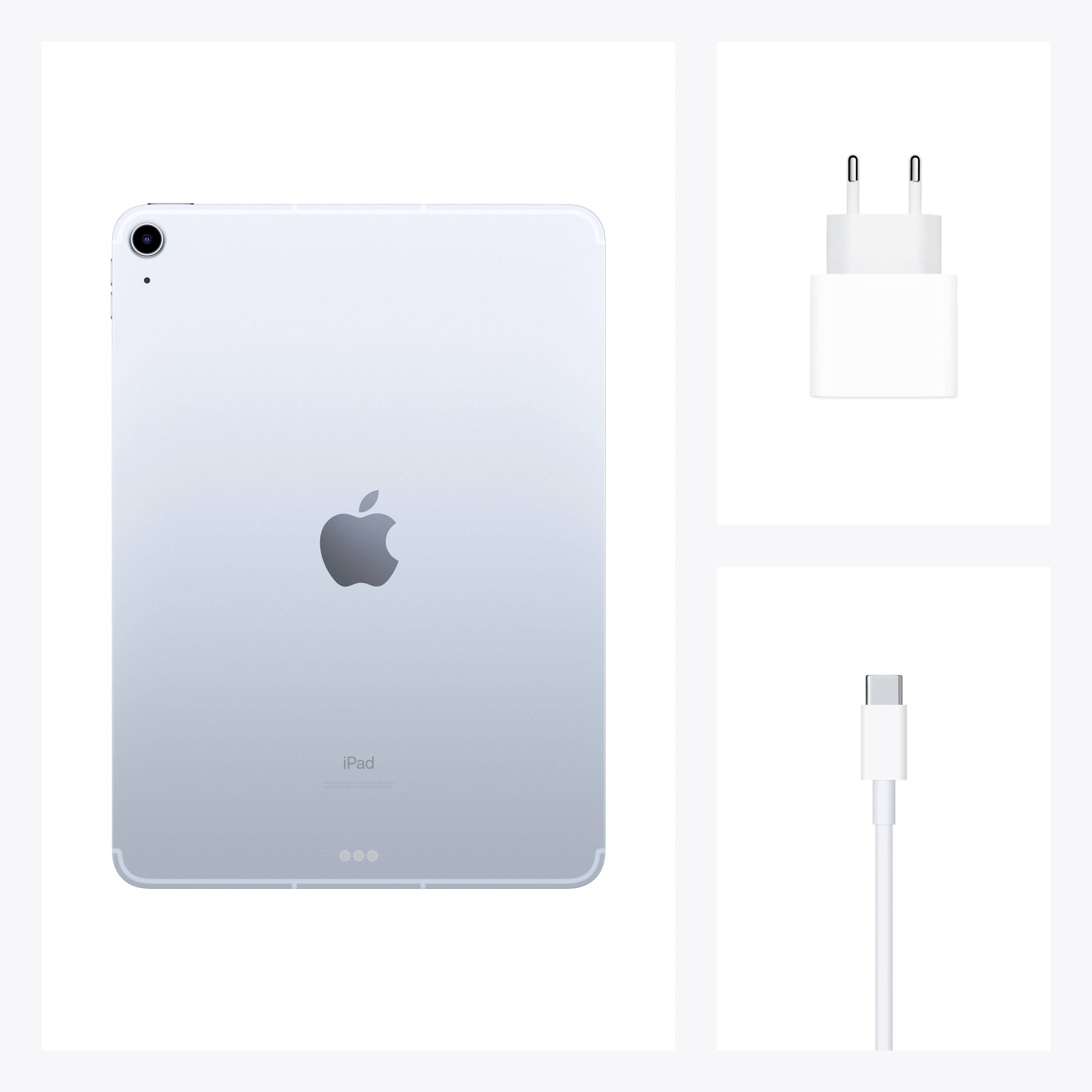 A tablet with an Apple logo, next to a power adaptor and a USB-C cable.