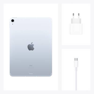 A tablet with an Apple logo, next to a power adaptor and a USB-C cable.