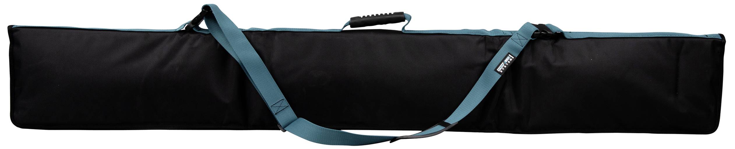 Black and turquoise carry bag for a snowboard, with handle and shoulder strap.