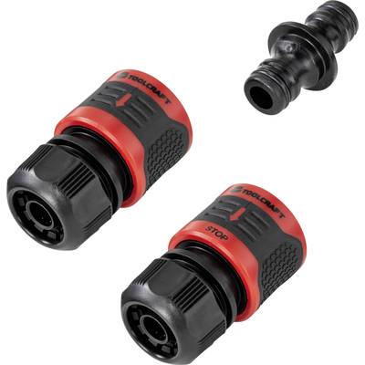 'Three garden hose couplings: Two black and red quick connectors, one black nozzle. Connecting parts for water hoses.'