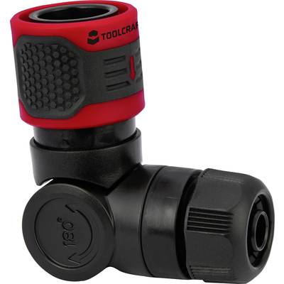 Black and red plastic angle connector with side rotation mechanism, marked with 'TOOLCRAFT' and an arrow symbol.