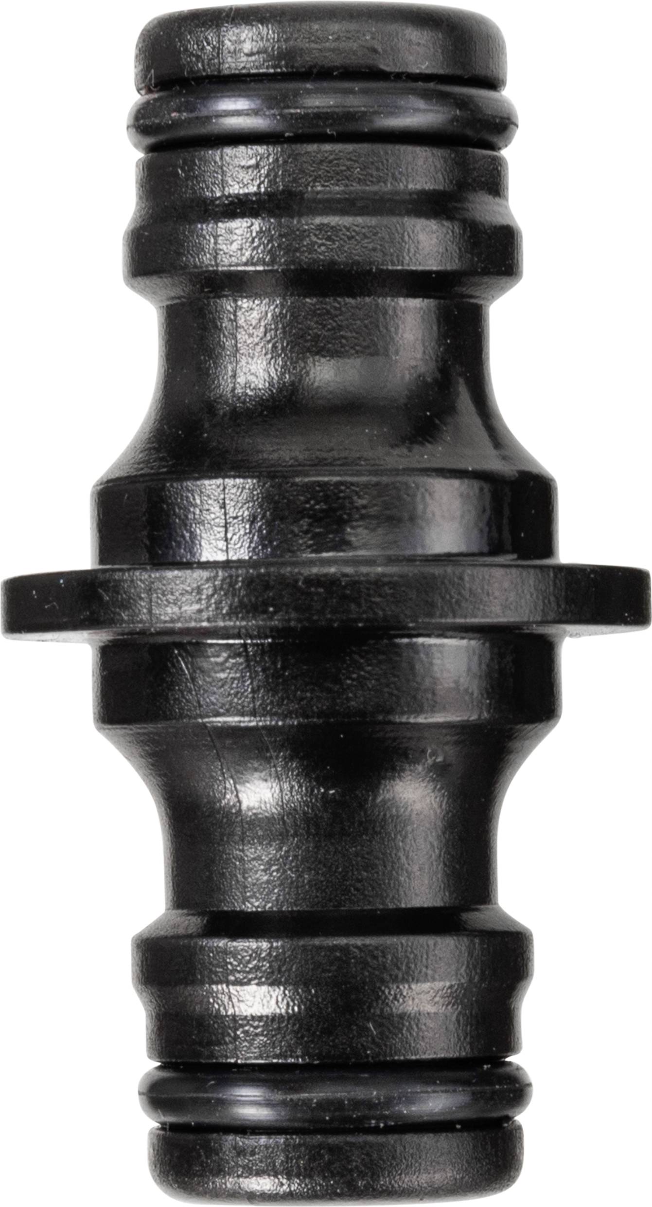 Black plastic hose connector with double O-ring seals, suitable for use in hydraulic systems.