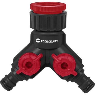 Black and red Y-connector for garden hoses with two valves for individual water regulation.