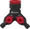 Black and red Y-connector for garden hoses with two valves for individual water regulation.