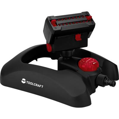 A black garden sprinkler with a red rotary knob and adjustable spray head, brand TOOLCRAFT, for outdoor watering.
