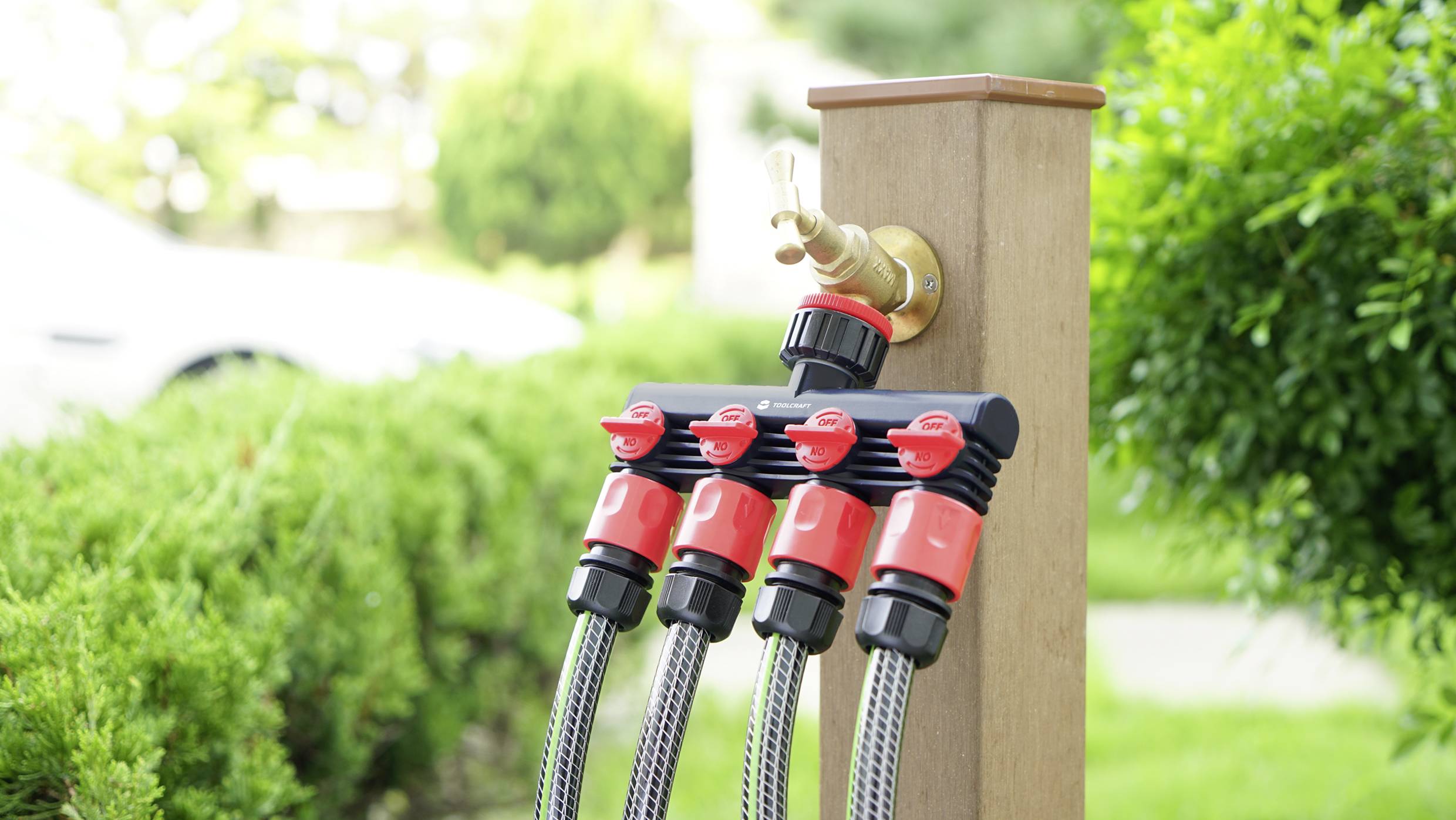 TOOLCRAFT 2302371 Plastic 4-way splitter 26.44 mm (3/4") OT, 33.25mm (1") OT Water stop, with pressure regulator-2