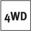 'Sign with white text '4WD' on a black background, indicating four-wheel drive.'