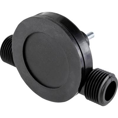 Black plastic connector with two lateral threaded outlets and a central cylinder on the top surface, suitable for pipe systems.