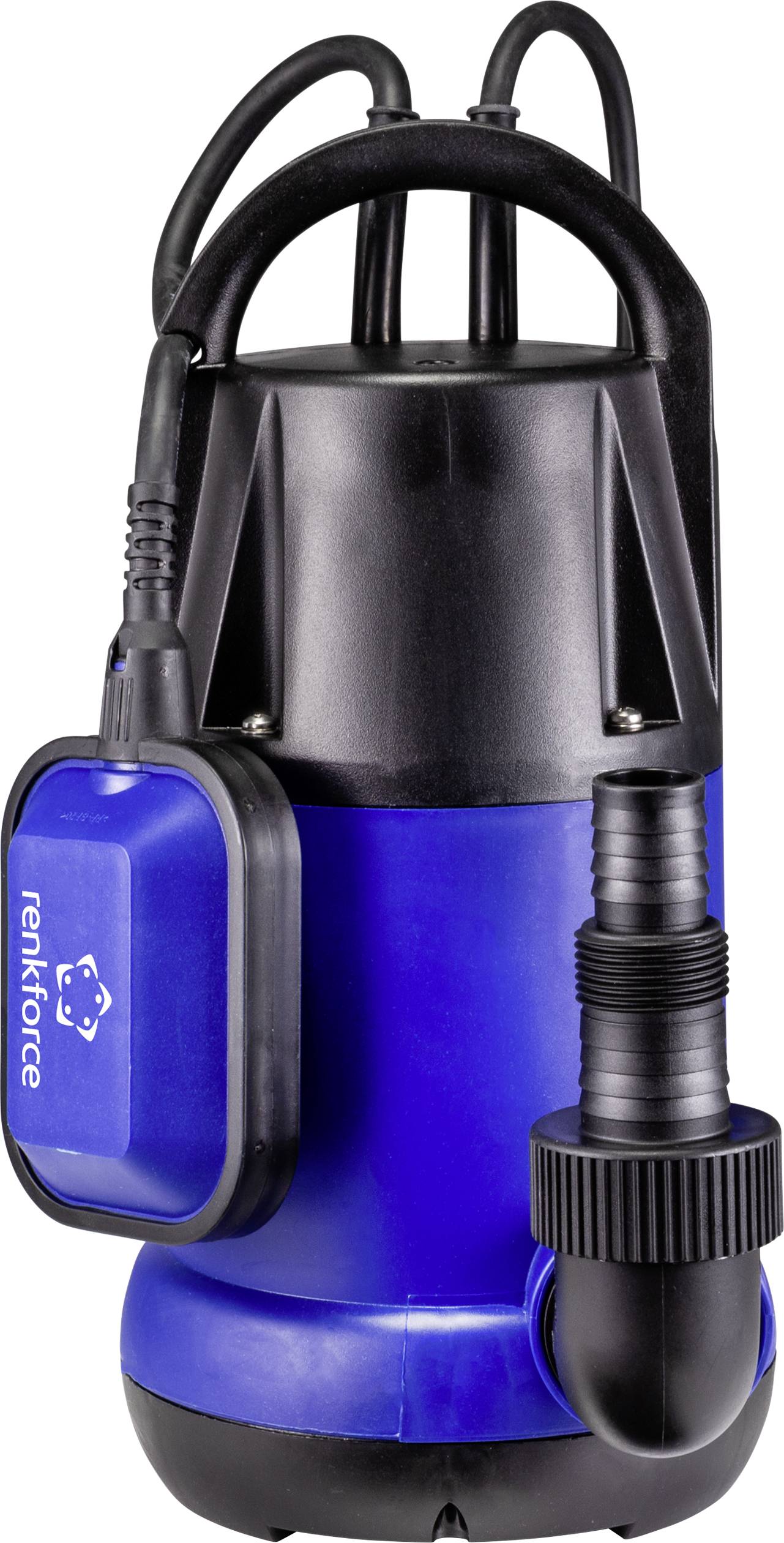 'Blue submersible pump with black hose connection and brand marking on the float switch.'