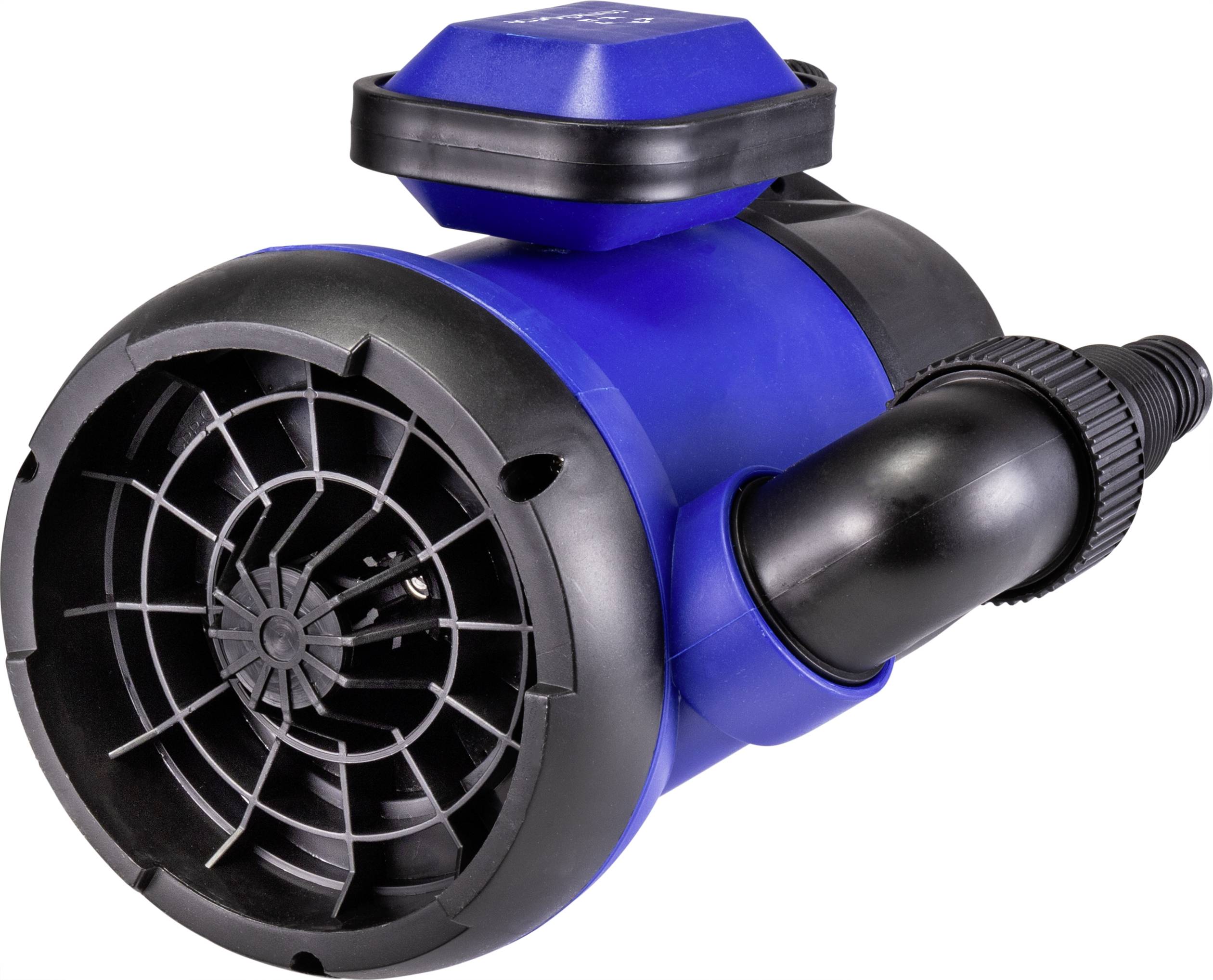 A blue and black pump with a spiral-shaped fan on the left side and an angled black outlet pipe.