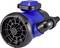 A blue and black pump with a spiral-shaped fan on the left side and an angled black outlet pipe.