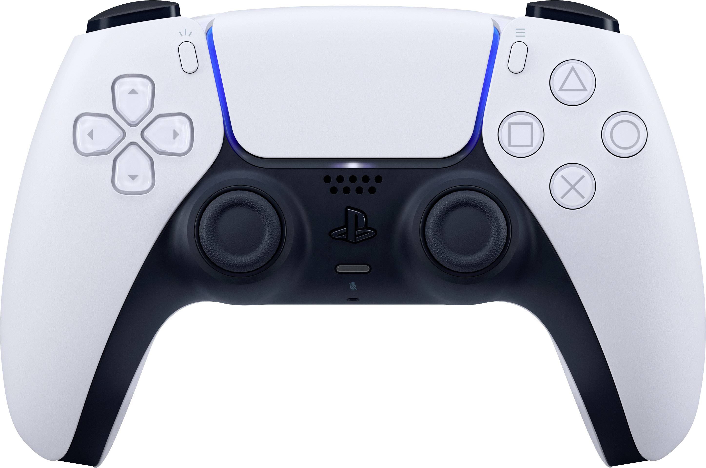A white gaming controller with black grips and blue LED lights, a typical design for modern video game systems.